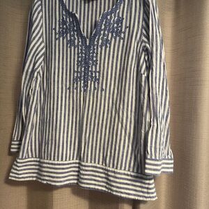 Vineyard Vines Womens linen tunic long sleeve size L blue white stripe